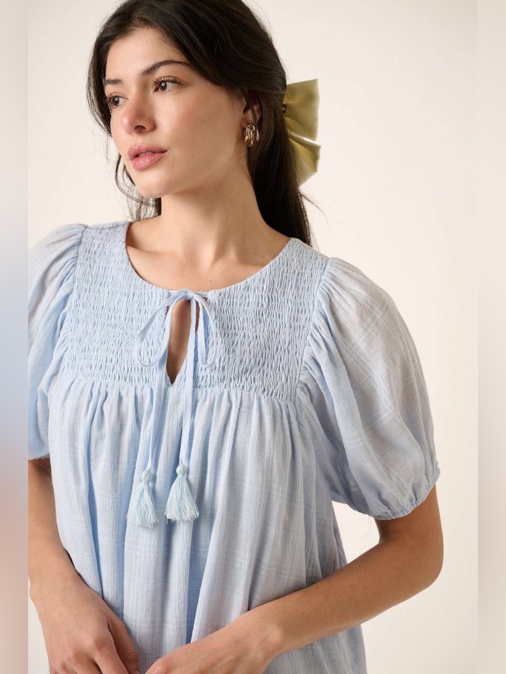 Mittoshop Tassel Tie Plaid Gauze Short Sleeve Mini Dress - Picture 2 of 5